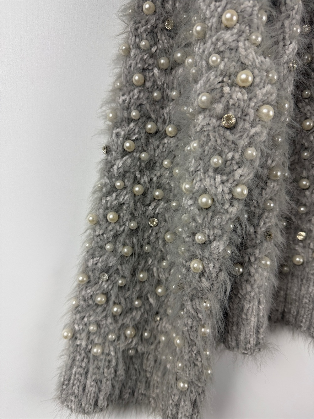 POL Alpaca Pearl Rhinestone Cardigan S Gray Fuzzy Open Front Cozy - Picture 6 of 8